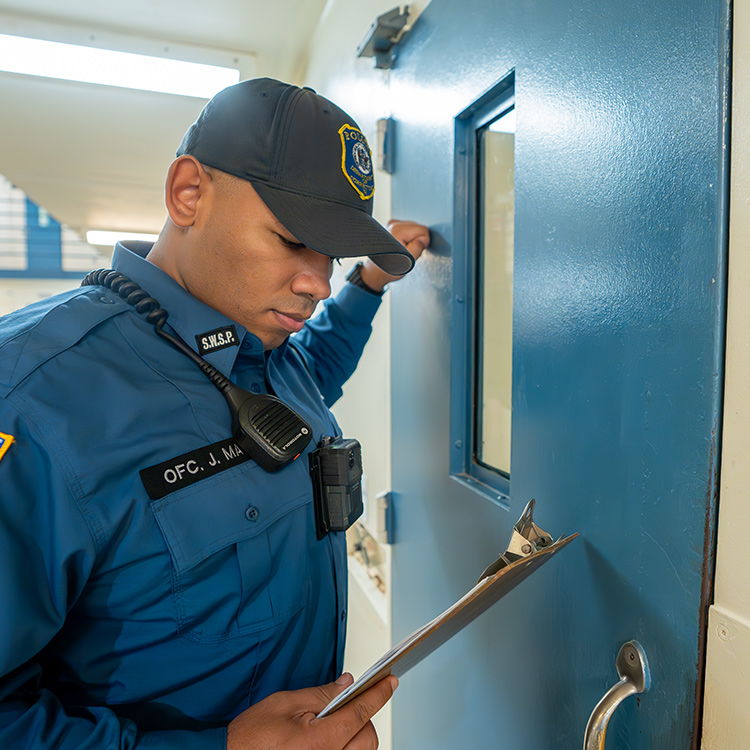 photo of a corrections officer knocking on a cell door
